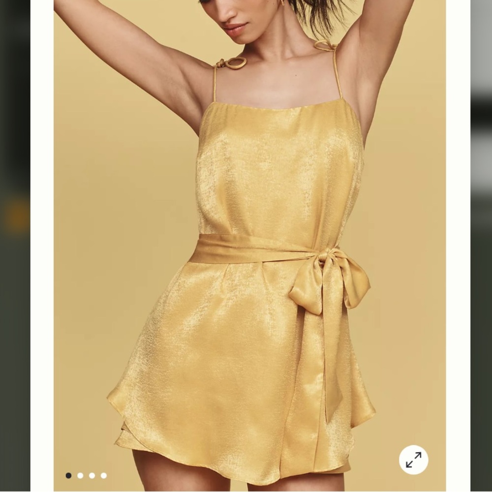 Anthropologie Golden Yellow silky, tie waist square neck romper